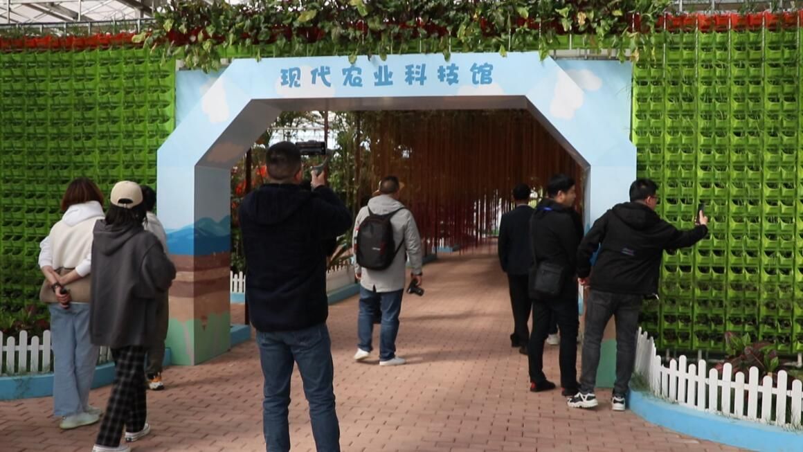 满目各种花卉和绿植春意盎然在"四月乡村"农艺场的现代农业科技馆内